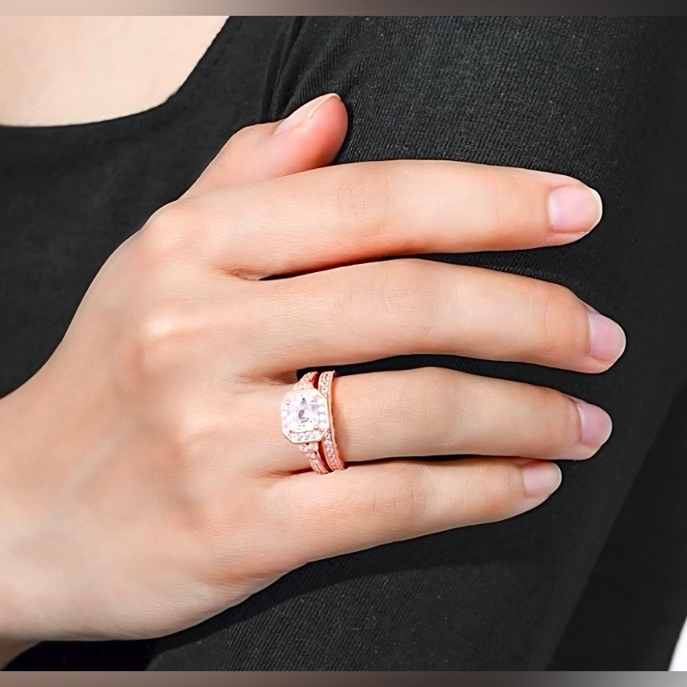 Rose Gold sterling silver Engagement Ring Set with Swarovski Stones Asher Cut - Picture 4 of 11